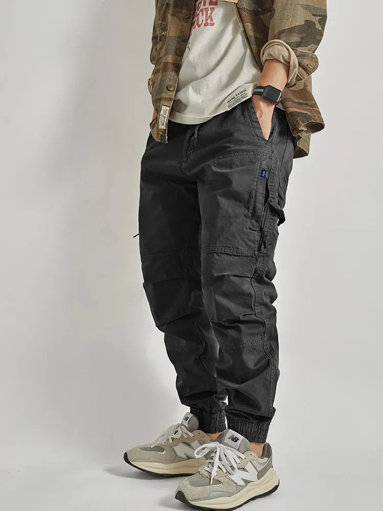 Washed Woven Cargo Pants - Men's Loose Casual Ankle-Tied Trousers in 97.5% Cotton
