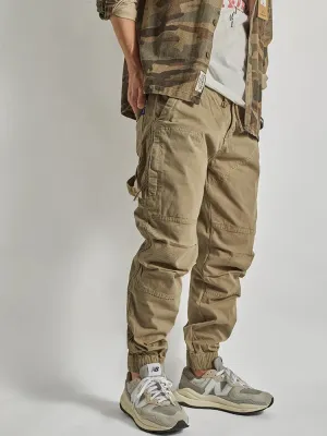 Washed Woven Cargo Pants - Men's Loose Casual Ankle-Tied Trousers in 97.5% Cotton