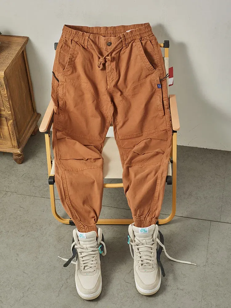 Washed Woven Cargo Pants - Men's Loose Casual Ankle-Tied Trousers in 97.5% Cotton