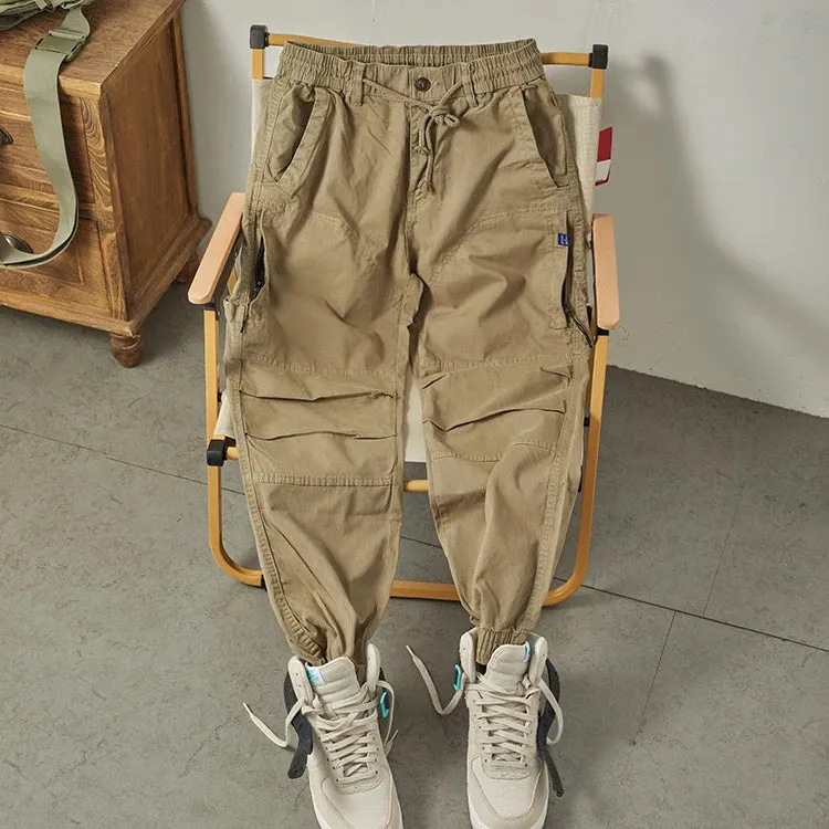 Washed Woven Cargo Pants - Men's Loose Casual Ankle-Tied Trousers in 97.5% Cotton