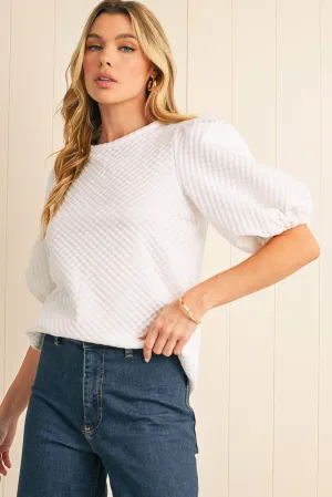 White Solid Textured  Neck Puff Sleeve Blouse