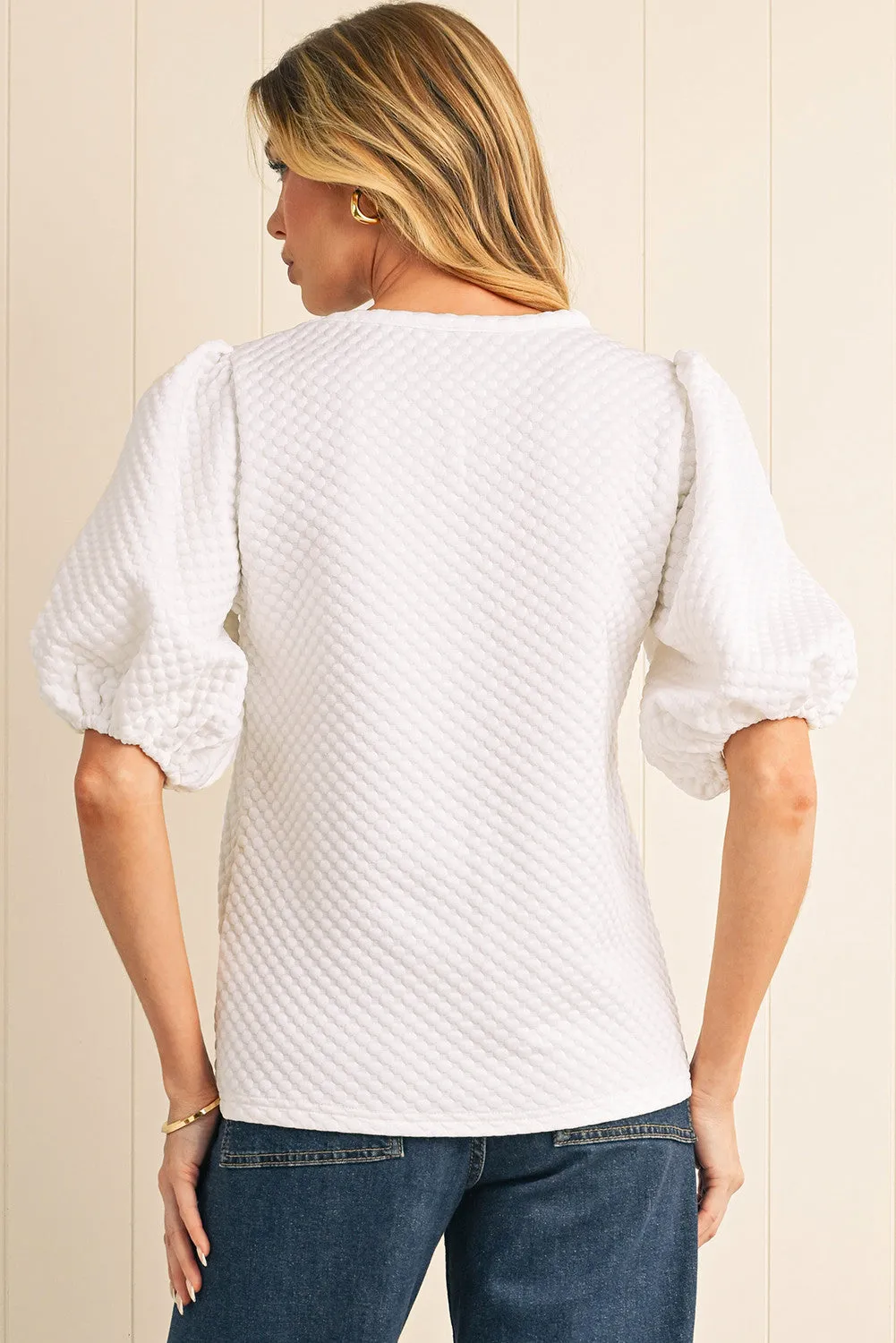 White Solid Textured  Neck Puff Sleeve Blouse
