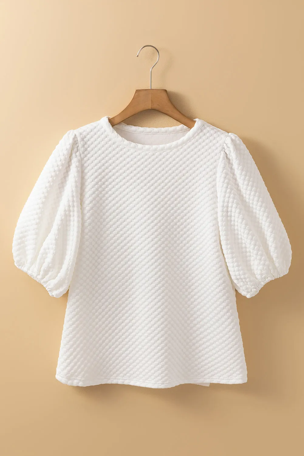 White Solid Textured O Neck Puff Sleeve Blouse