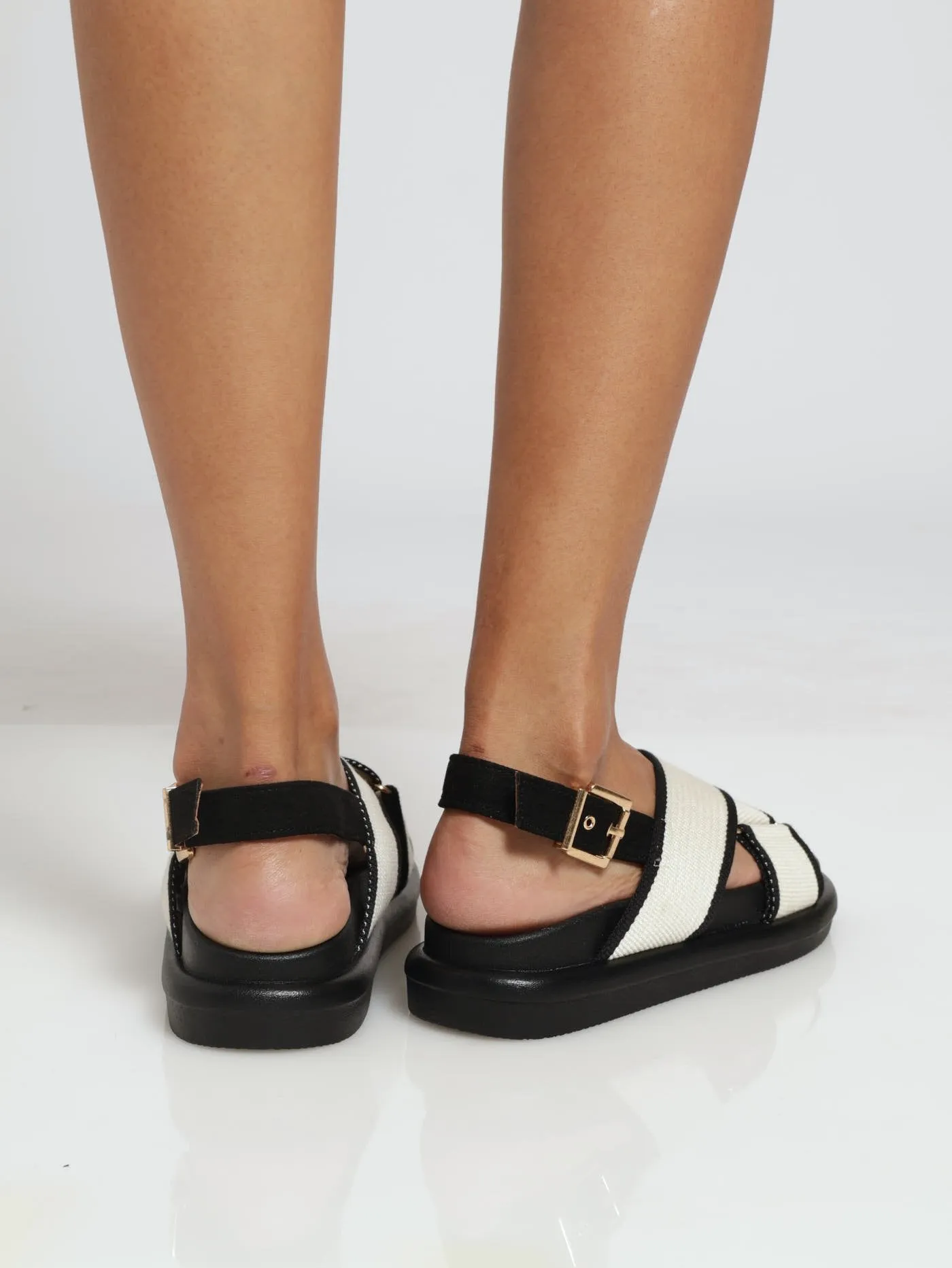 Wide Canvass Tape Cross Strap Mule Sandal - Natural