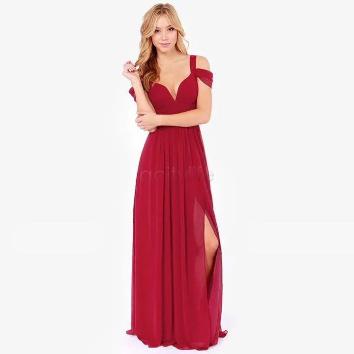 Women Casual Dress Summer Fashion Long Elegant Chiffon Dress Deep V-Neck Split Party Maxi Dress Strap