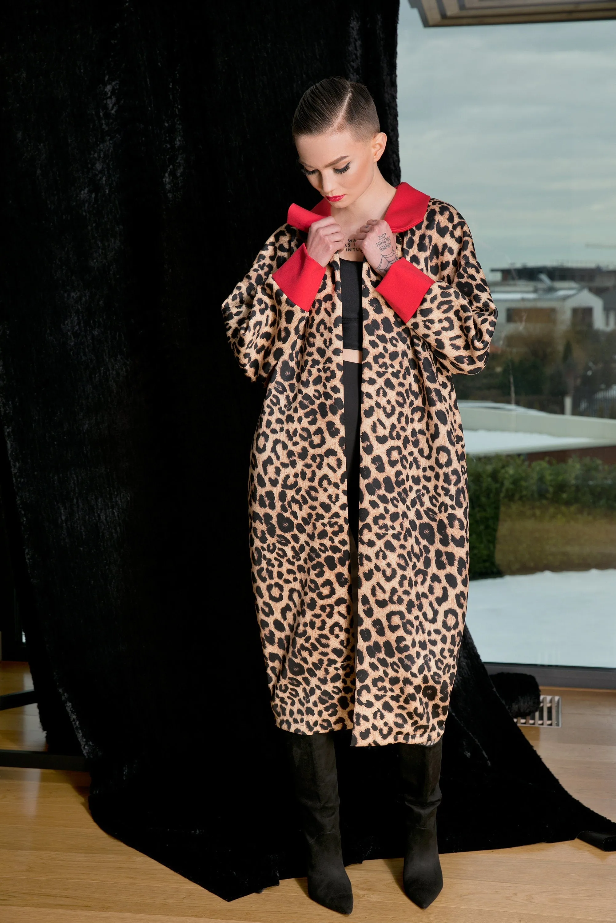 Women Neoprene Coat, Animal Print Coat, Futuristic Clothing, Avant Garde Coat, Leopard Print Coat, Neoprene Jacket, Long Jacket, High Collar