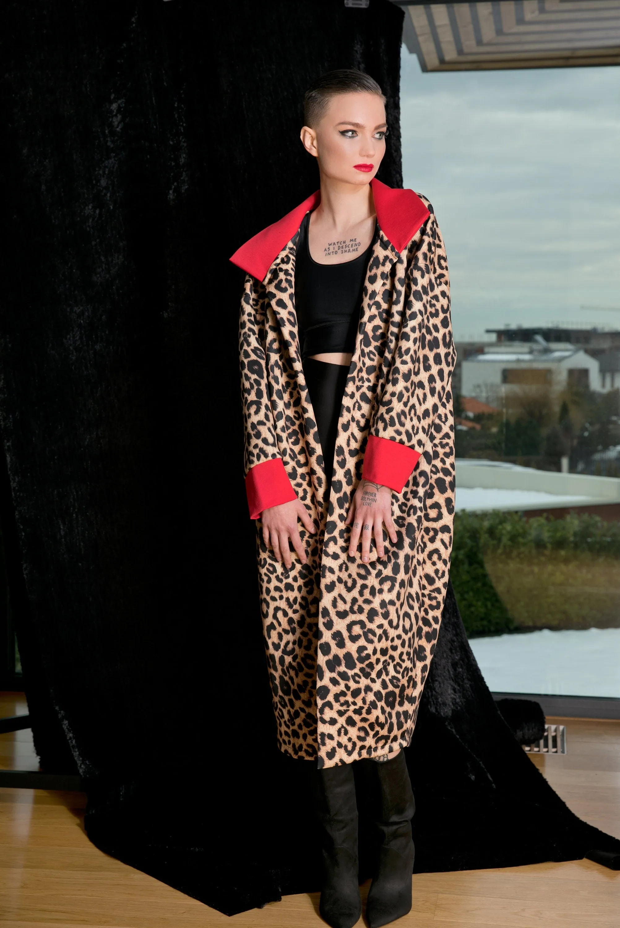 Women Neoprene Coat, Animal Print Coat, Futuristic Clothing, Avant Garde Coat, Leopard Print Coat, Neoprene Jacket, Long Jacket, High Collar