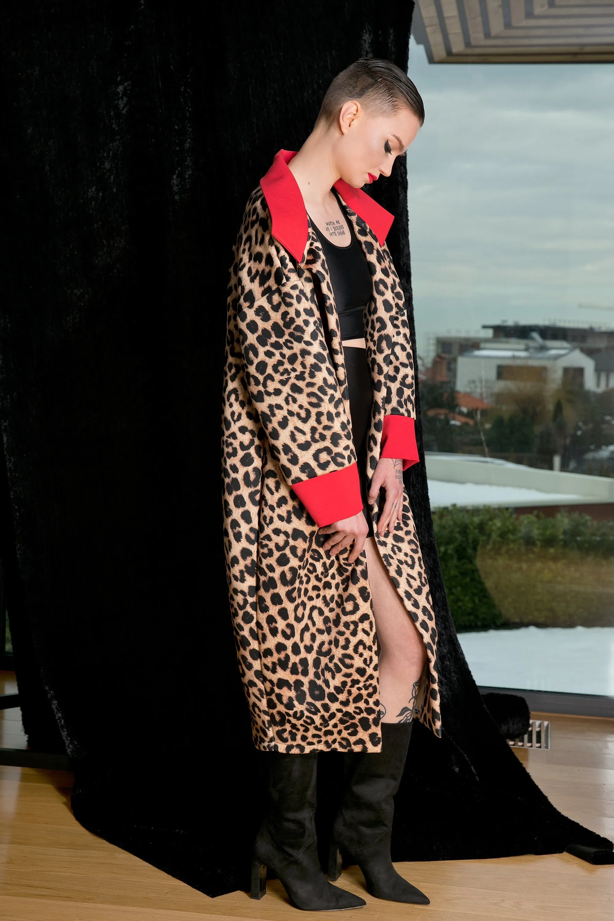 Women Neoprene Coat, Animal Print Coat, Futuristic Clothing, Avant Garde Coat, Leopard Print Coat, Neoprene Jacket, Long Jacket, High Collar