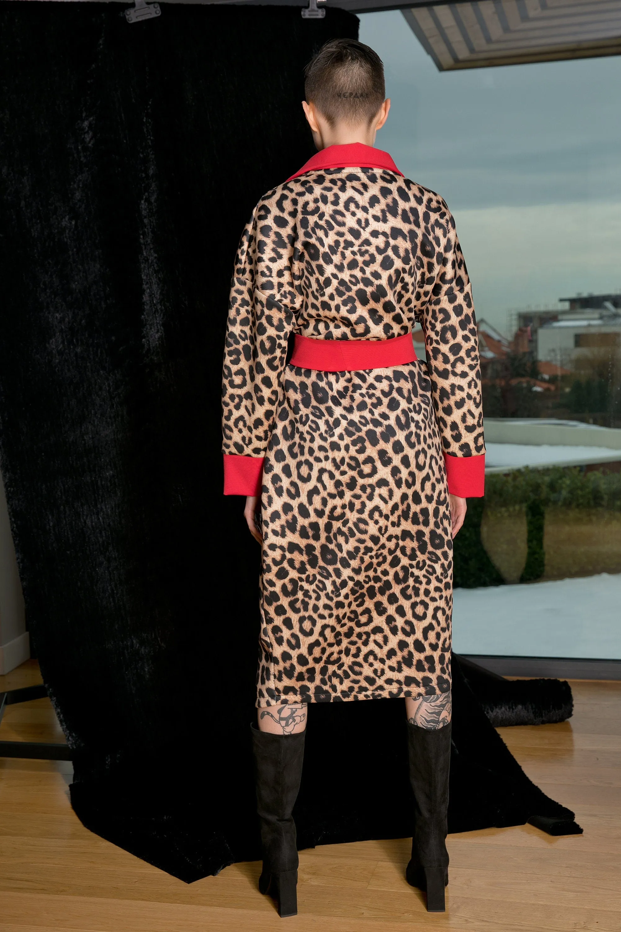 Women Neoprene Coat, Animal Print Coat, Futuristic Clothing, Avant Garde Coat, Leopard Print Coat, Neoprene Jacket, Long Jacket, High Collar